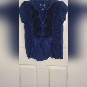 Lucky Brand M Blue Bkack Notch V-Neck 100% Cotton Peasant Women's Top Blouse